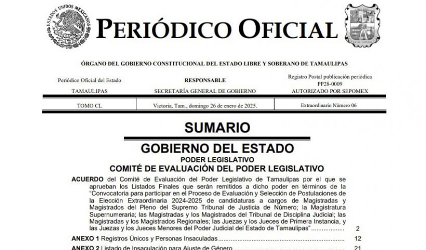 Tamaulipas, primero en publicar listas de las y los candidatos a integrar el Poder Judicial estatal